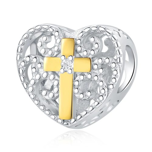 Szív kereszttel ezüst charm