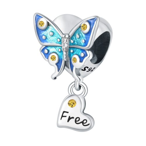Kék Pillangó "FREE" szív medállal ezüst charm