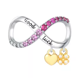   Végtelen jel "Good Luck" felirattal, lóherével és szívvel ezüst charm