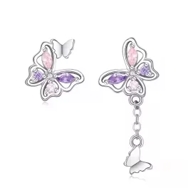   Lila rózsaszín pillangó felemsás díszítéssel ezüst fülbevaló