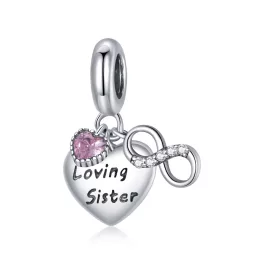   Loving Sister charm – szív és végtelen jel, rózsaszín kővel