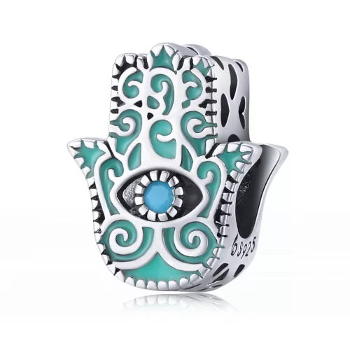 Hamsa kéz (Fatima keze) ezüst charm türkiz zománccal