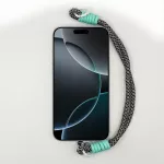 Fekete-Fehér Szemcsés Rövid Telefonpánt Csuklóra Mentazöld Díszítéssel