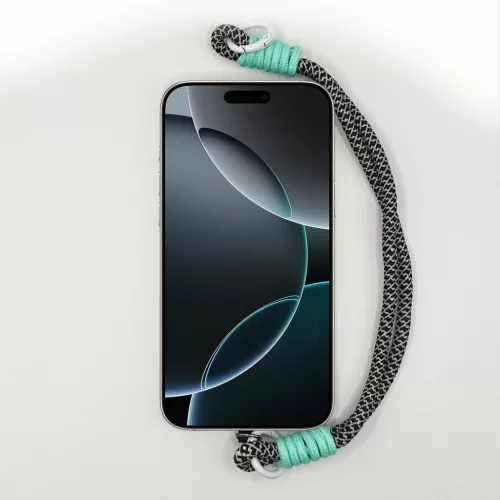 Fekete-Fehér Szemcsés Rövid Telefonpánt Csuklóra Mentazöld Díszítéssel