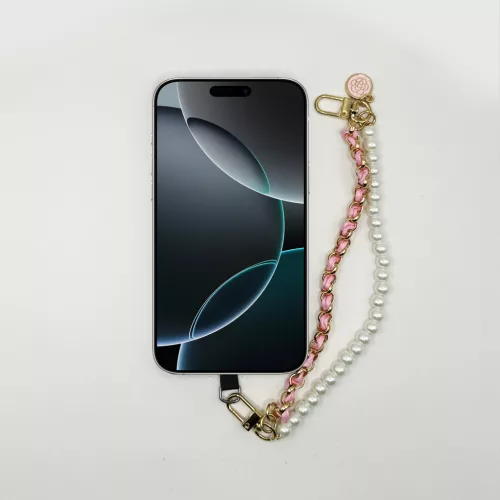 Rózsaszín-Arany Lánc Gyöngyökkel - Elegáns Telefon Csuklópánt