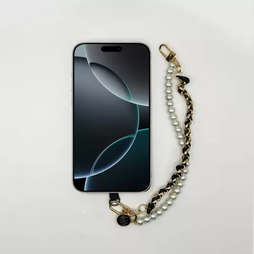 Fekete-Arany Lánc Gyöngyökkel - Elegáns Telefon Csuklópánt