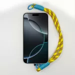 Napsárga-Fekete Pöttyös Rövid Telefonpánt Csuklóra Ciánkék Díszítéssel