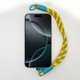   Napsárga-Fekete Pöttyös Rövid Telefonpánt Csuklóra Ciánkék Díszítéssel