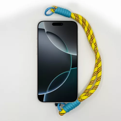 Napsárga-Fekete Pöttyös Rövid Telefonpánt Csuklóra Ciánkék Díszítéssel