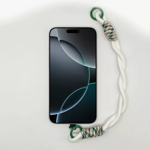 Fehér Tekert Rövid Telefonpánt Csuklóra Földszínű Fonattal és Zöld Karikával