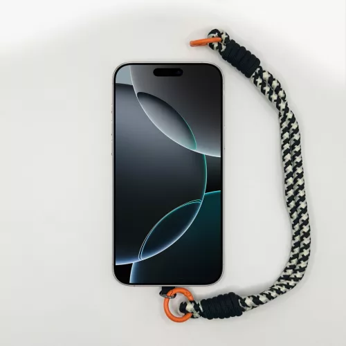 Fekete-Fehér Szövött Rövid Telefonpánt Csuklóra Narancs Karikával