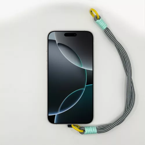 Fekete-Fehér Sodort Rövid Telefonpánt Csuklóra Mentazöld Díszítéssel és Sárga Karikával