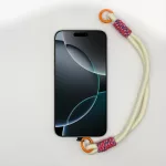 Krémfehér Rövid Telefonpánt Csuklóra Rózsaszín-Kék Fonattal és Narancs Karikával