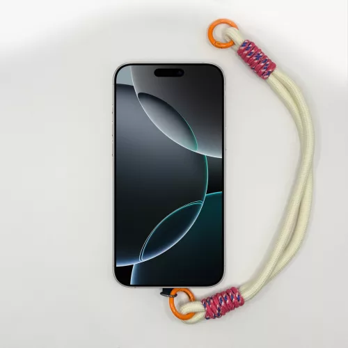 Krémfehér Rövid Telefonpánt Csuklóra Rózsaszín-Kék Fonattal és Narancs Karikával