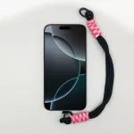 Fekete Rövid Telefonpánt Csuklóra Rózsaszín-Fehér Díszítéssel