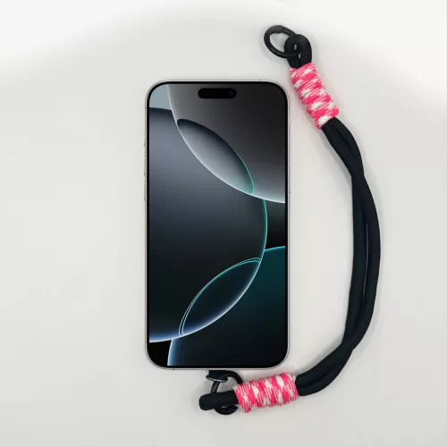 Fekete Rövid Telefonpánt Csuklóra Rózsaszín-Fehér Díszítéssel