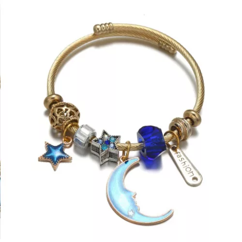 Éjféli Álom Bizsu Charmos Karkötő Kék Holddal és Csillagokkal