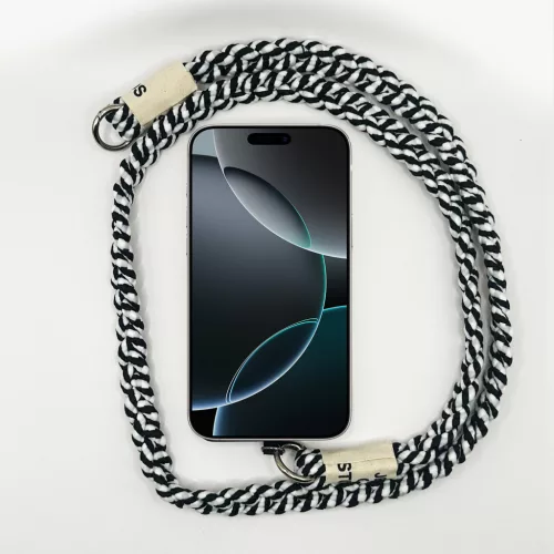 Fekete-Fehér Spirál - Szövegcímkés Fonott Hosszú Telefonpánt