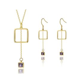   Négyzetes Harmónia - Ametiszt Lila Köves Aranyozott Ezüst Ékszerszett (Nyaklánc és Fülbevaló)