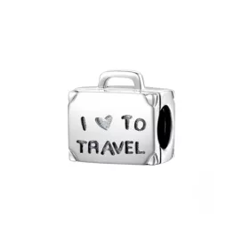 Ezüstözött 'I love to travel' bőrönd charm