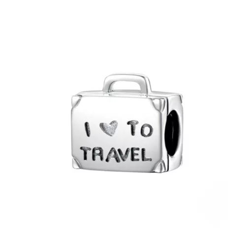 Ezüstözött 'I love to travel' bőrönd charm
