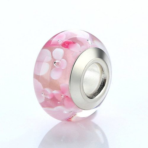 Rózsaszín virágos üveg charm 