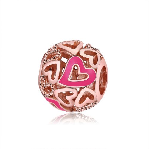 Rózsaszín szíves rose gold ezüst gömb charm 