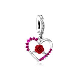  Szívbe foglalt vörös rózsa apró kövekkel ezüst függő charm