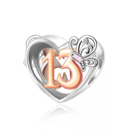 Pillangós Ezüst Szív Charm  13-as számmal 