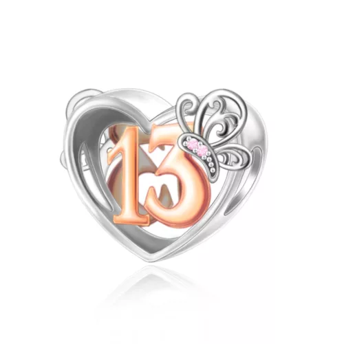 Pillangós Ezüst Szív Charm  13-as számmal 