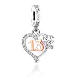 Ezüst Szívecske Függő Charm Pillangóval 13-as számmal