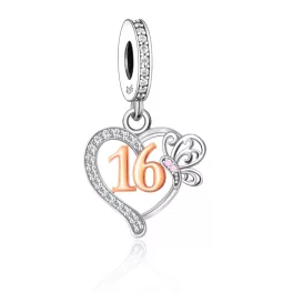 Ezüst Szívecske Függő Charm Pillangóval 16-os számmal