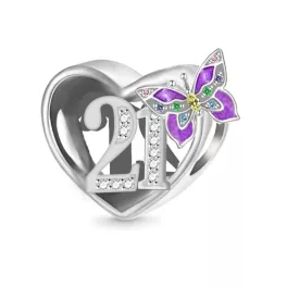 Lila Pillangós Ezüst Szív Charm  21-es számmal 