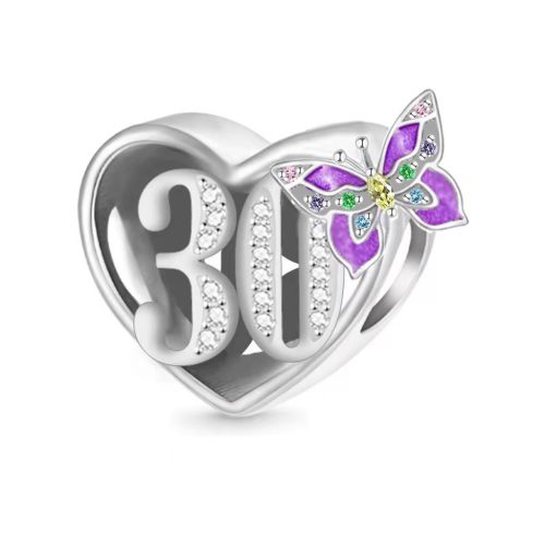 Lila Pillangós Ezüst Szív Charm  30-as számmal 