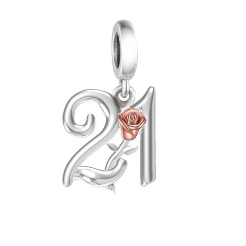 21 szám szívben rosegold rózsával ezüst függő charm
