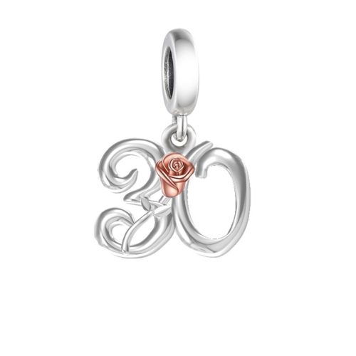 30 szám szívben rosegold rózsával ezüst függő charm