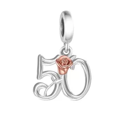   50-es szám szívben rosegold rózsával ezüst függő charm