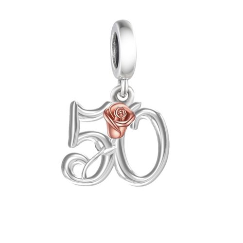 50-es szám szívben rosegold rózsával ezüst függő charm