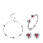 Piros szíves ezüst ékszerszett karkötő gyűrű fülbevaló