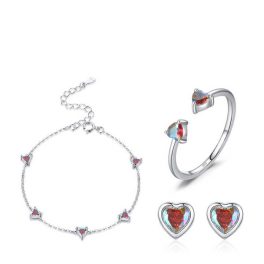   Piros szíves ezüst ékszerszett karkötő gyűrű fülbevaló