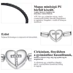 Fekete bőr karkötő ezüs szíves zárral kereszt motívummal 17 cm