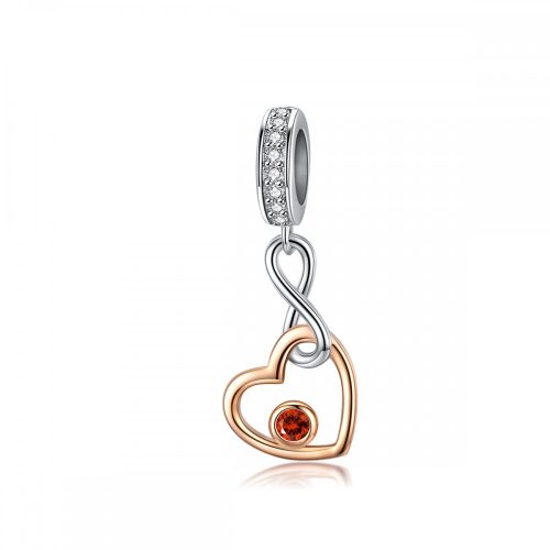 Rózsa arany szív alakú charm piros kővel ezüst függővel