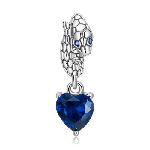 Kígyó kék szív alakú kővel ezüst függő charm