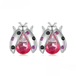   Aranyos Katicabogár Fülbevaló Ezüstből Csillogó Rózsaszín Kövekkel