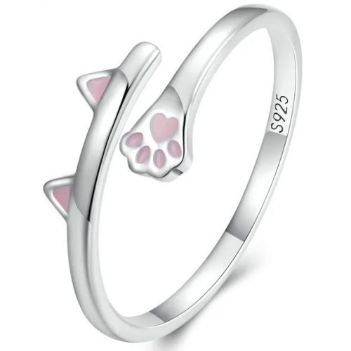 Rózsaszín cica Tappancsos Méret nélküli ezüst gyűrű