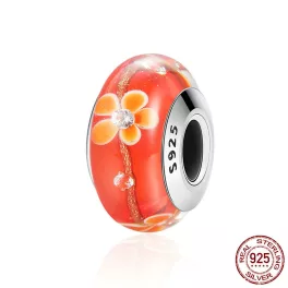 Narancssárga virágos üveg charm ezüst foglalatban