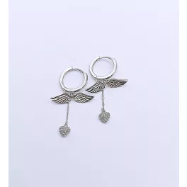   Angyalszárny és szív ezüst függő fülbevaló karika felfüggesztéssel